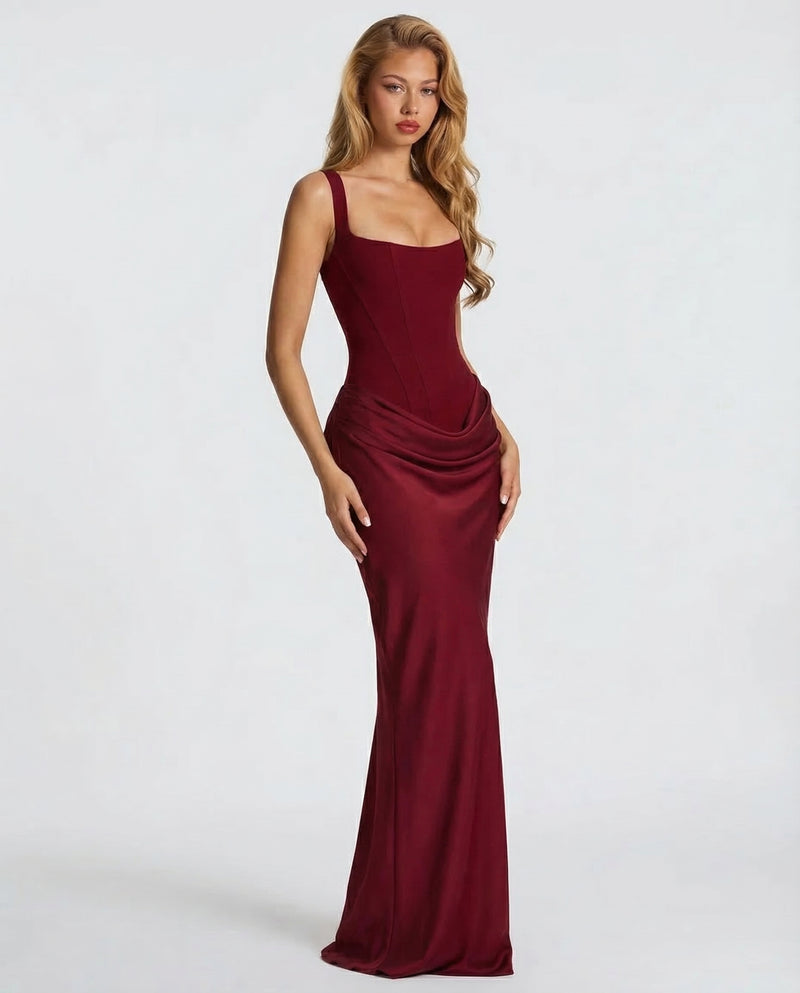 Berenice | Black Corset Dress with Cowl Skirt for Evening Gala