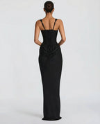 Berenice | Black Corset Dress with Cowl Skirt for Evening Gala