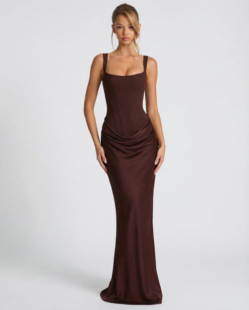 Berenice | Black Corset Dress with Cowl Skirt for Evening Gala