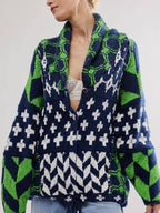 Marguerite | Oversized Cardigan Sweater with Jacquard Diamond Knit