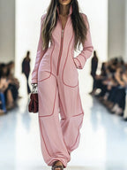 Rosaline | Long Sleeve Wide Leg Denim Jumpsuit Strapless White — PINK
