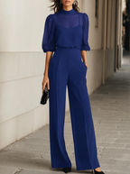 Theodora | Long Sleeve Wide Leg Jumpsuit Evening Occasion — Navy Blue