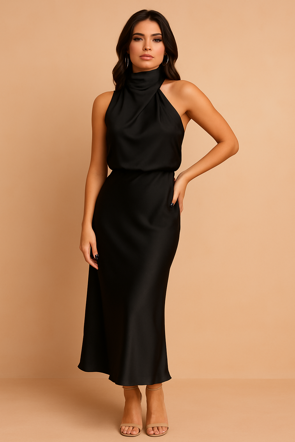 Ophelia | Halter Draped Satin Midi Dress Occasion Wear
