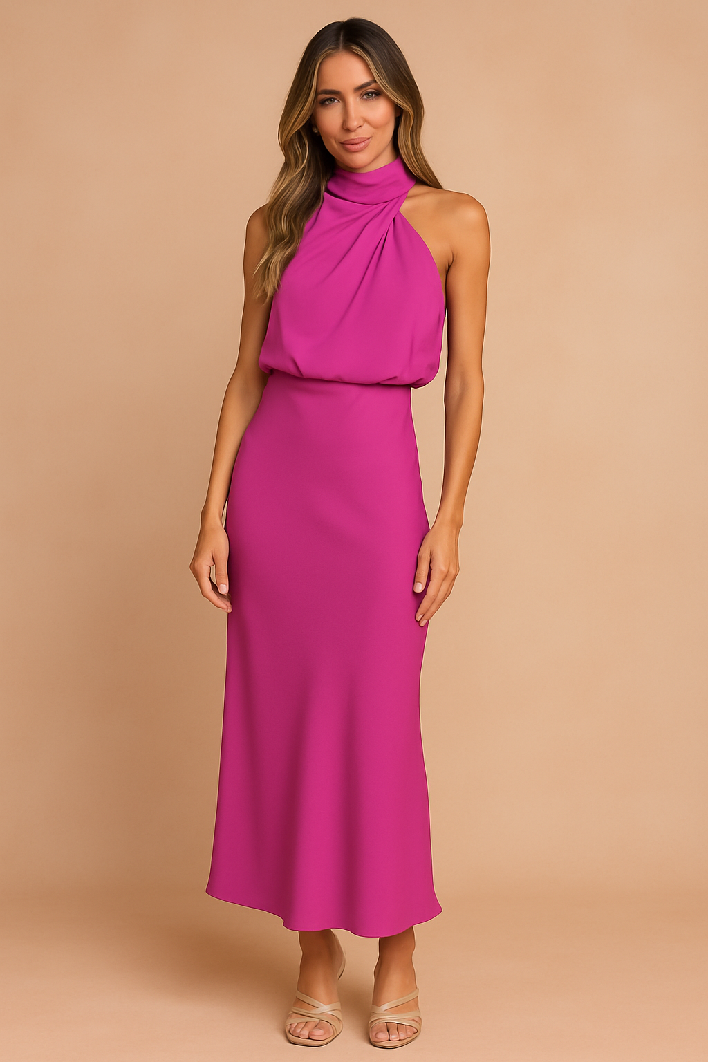 Ophelia | Halter Draped Satin Midi Dress Occasion Wear