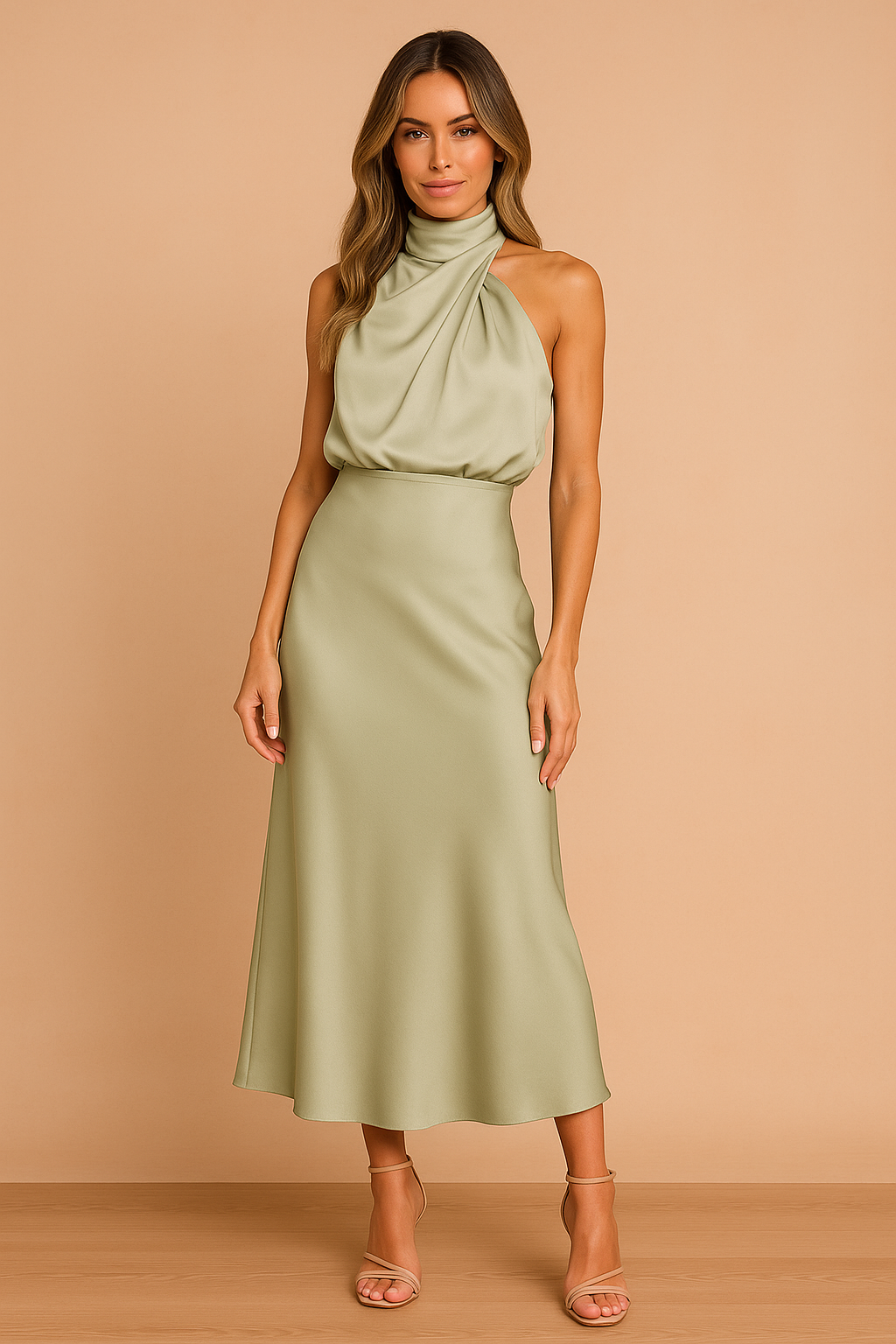 Ophelia | Halter Draped Satin Midi Dress Occasion Wear