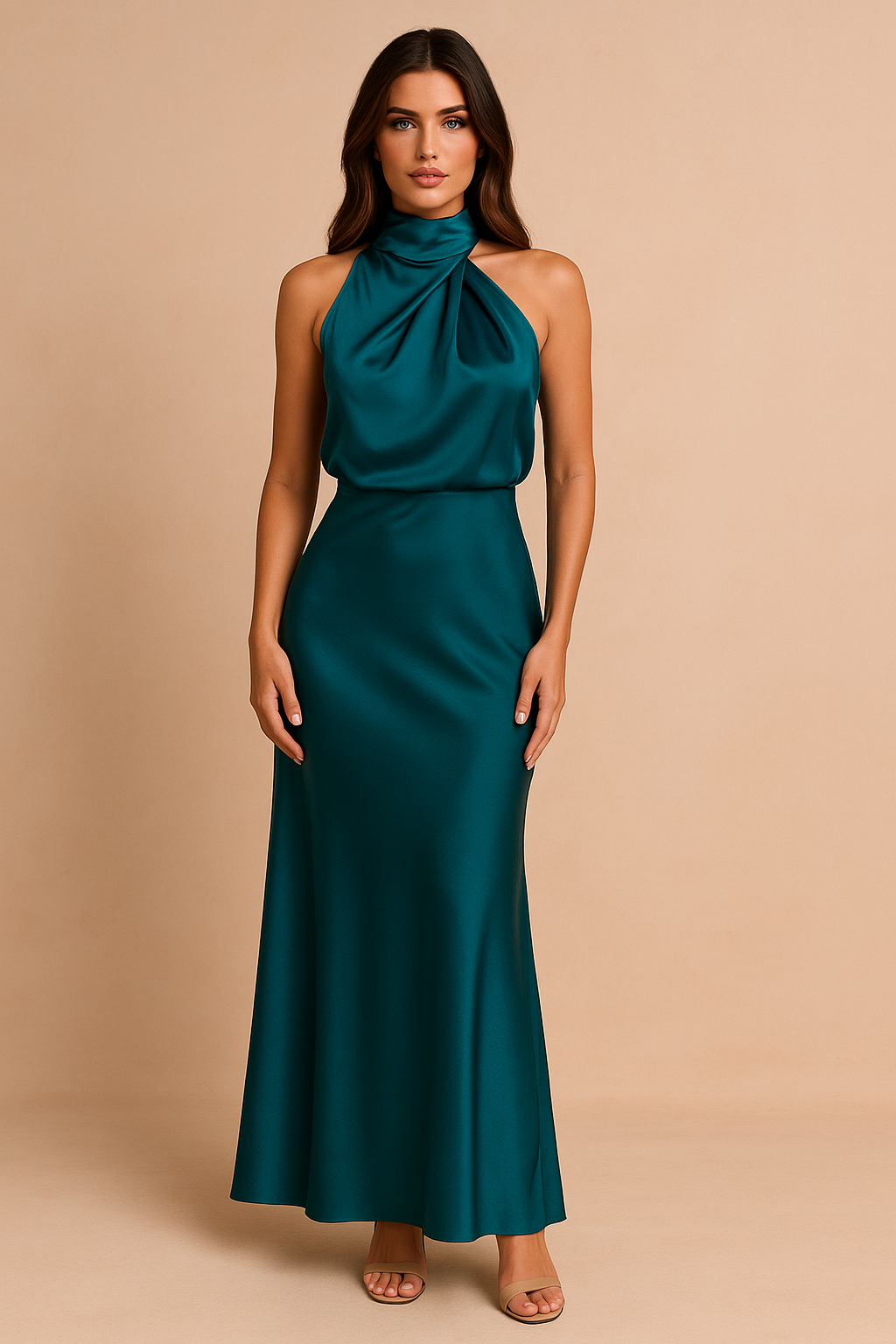 Ophelia | Halter Draped Satin Midi Dress Occasion Wear