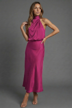 Sidonie | Summer Wedding Guest Dress Halter Neck Satin Midi