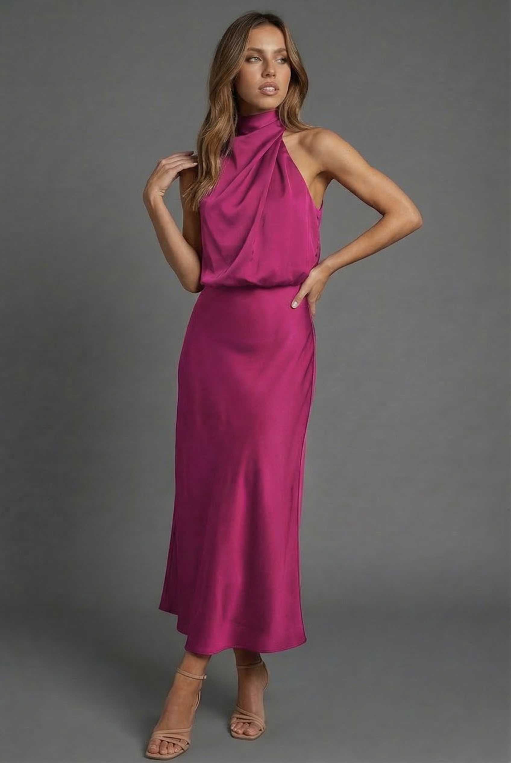Sidonie | Summer Wedding Guest Dress Halter Neck Satin Midi