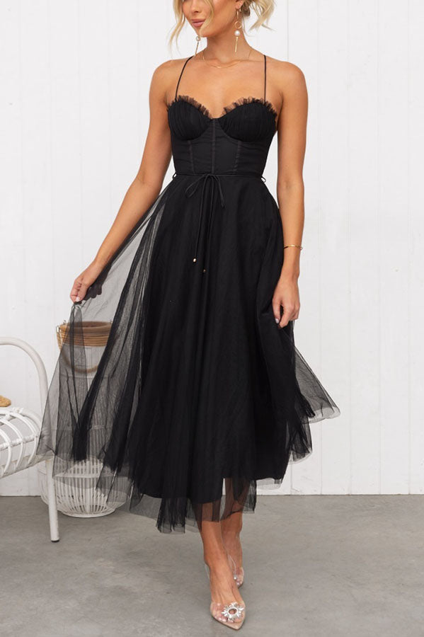 Lucinda | Black Corset Tulle Midi Dress For Weddings And Parties