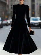 Albane | A-Line Long-Sleeve Velvet Midi Wedding Guest Dress