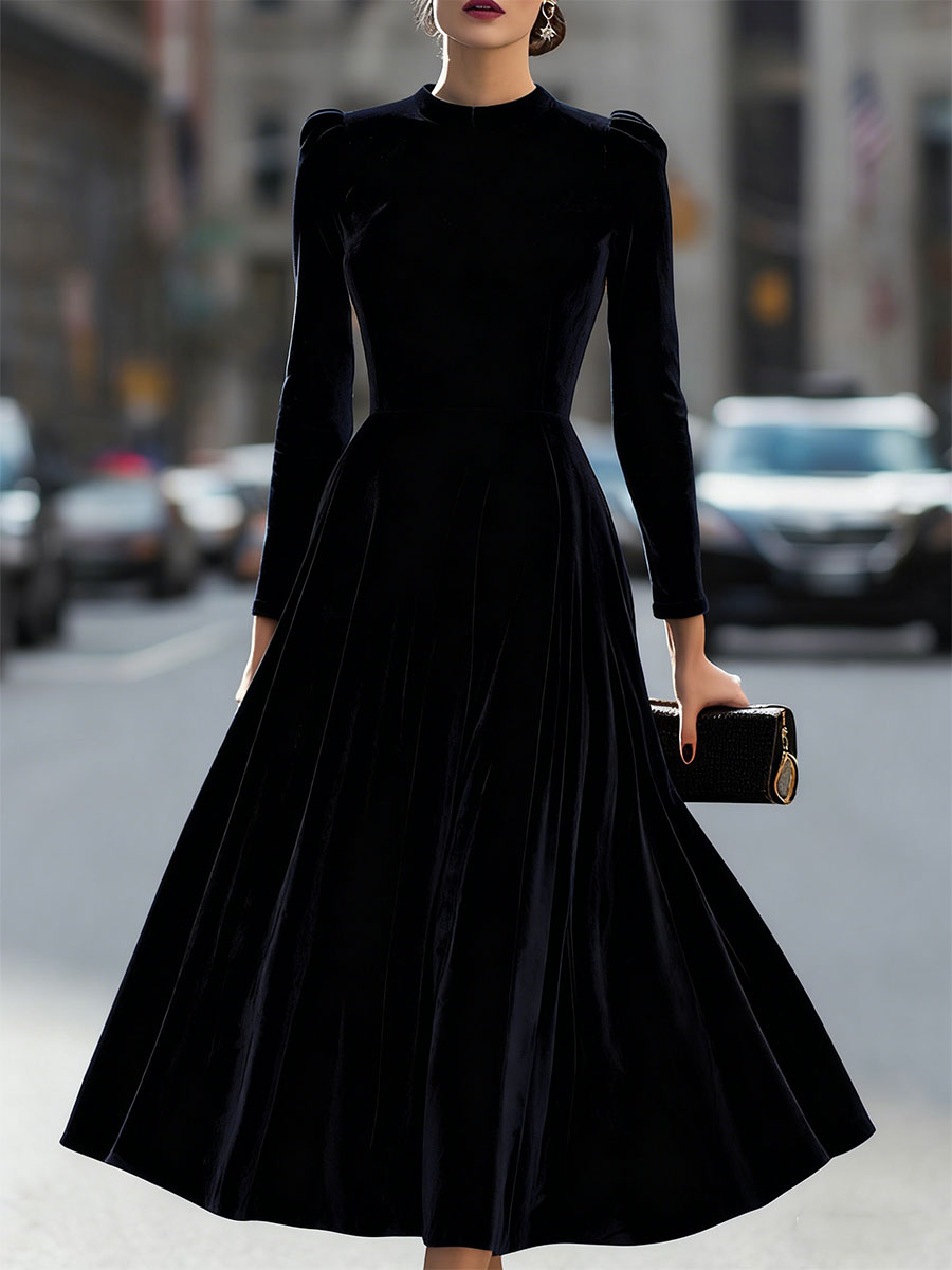Albane | A-Line Long-Sleeve Velvet Midi Wedding Guest Dress