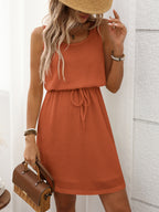 Liliana | Women's Waffle Knit Drawstring Mini Tank Dress — Terracotta