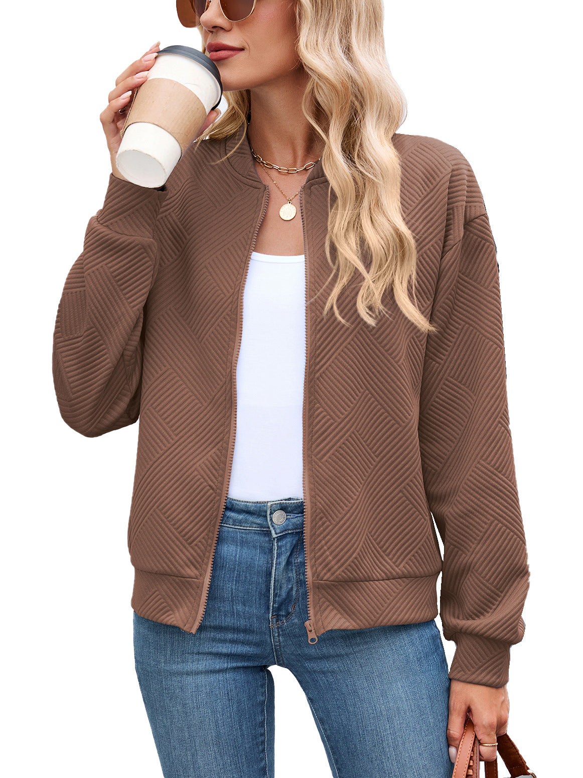 Georgiana | Cropped Brown Quilted Leather Puffer Bomber Jacket — Apricot