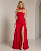 Solene | Black Strapless Scarf Neck Maxi Dress — Red