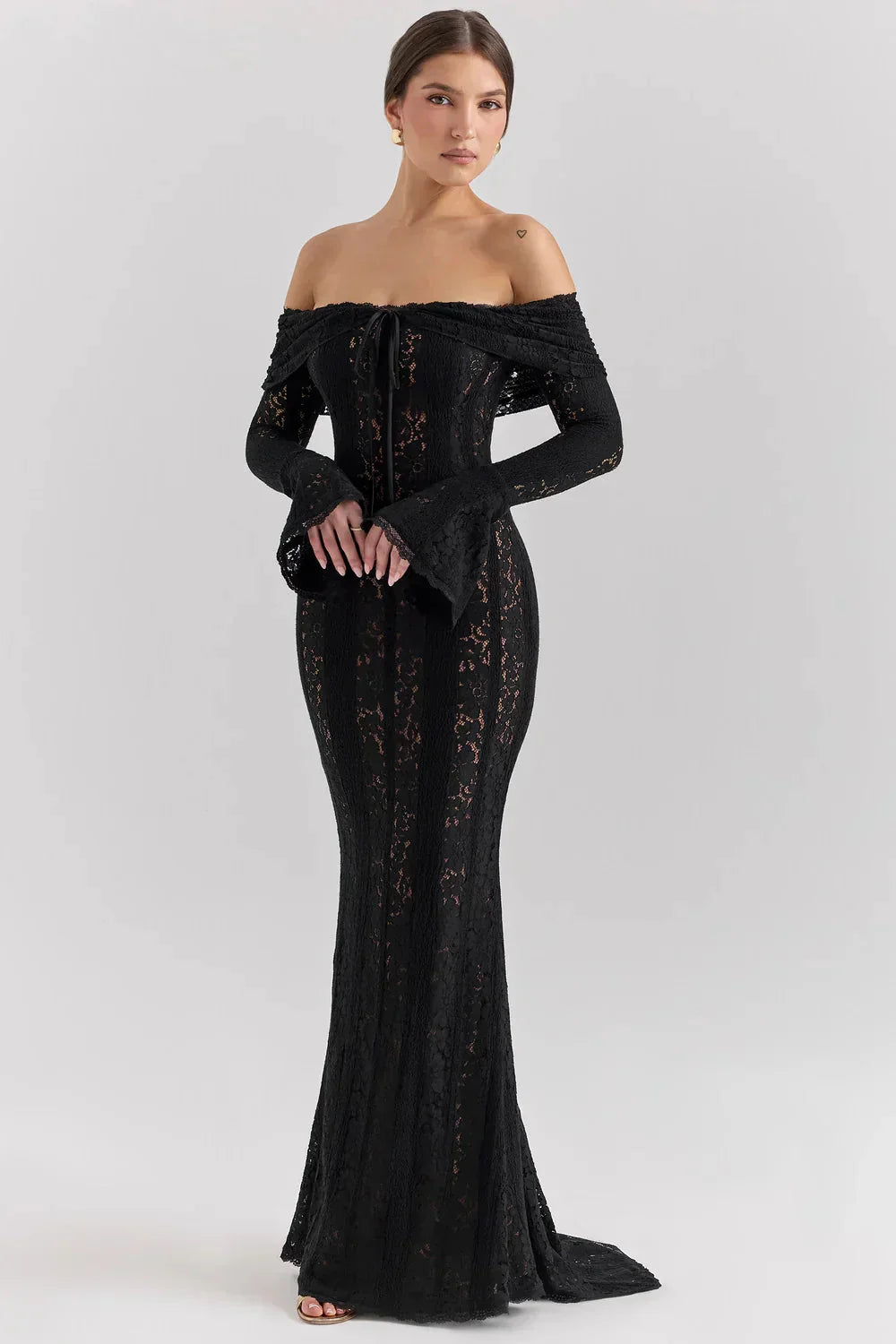 Romilly | Off Shoulder Lace Bell Sleeve Evening Maxi Dresses — Black