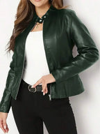 Ingrid | Faux Leather Biker Jacket Black Stand Collar — Dark Green