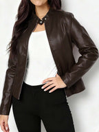 Ingrid | Faux Leather Biker Jacket Black Stand Collar — Brown