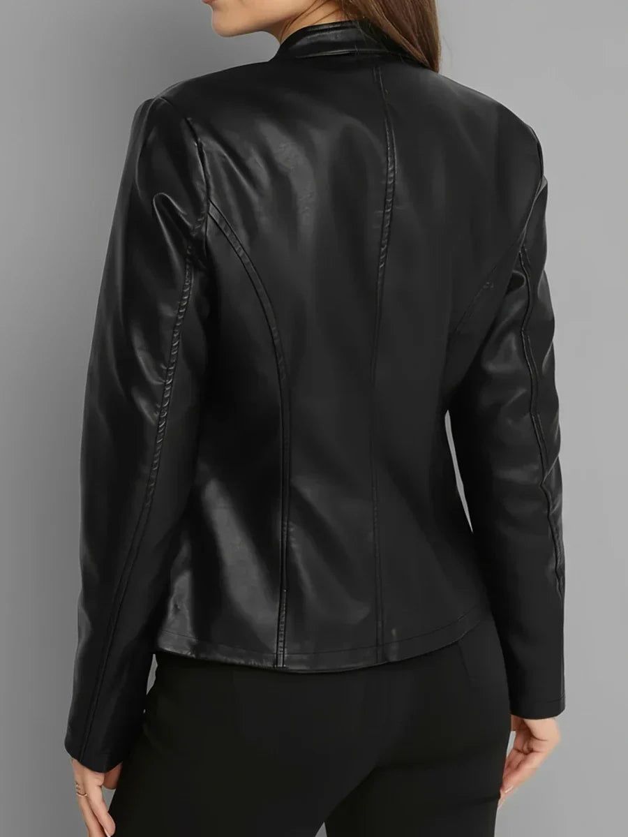 Ingrid | Faux Leather Biker Jacket Black Stand Collar