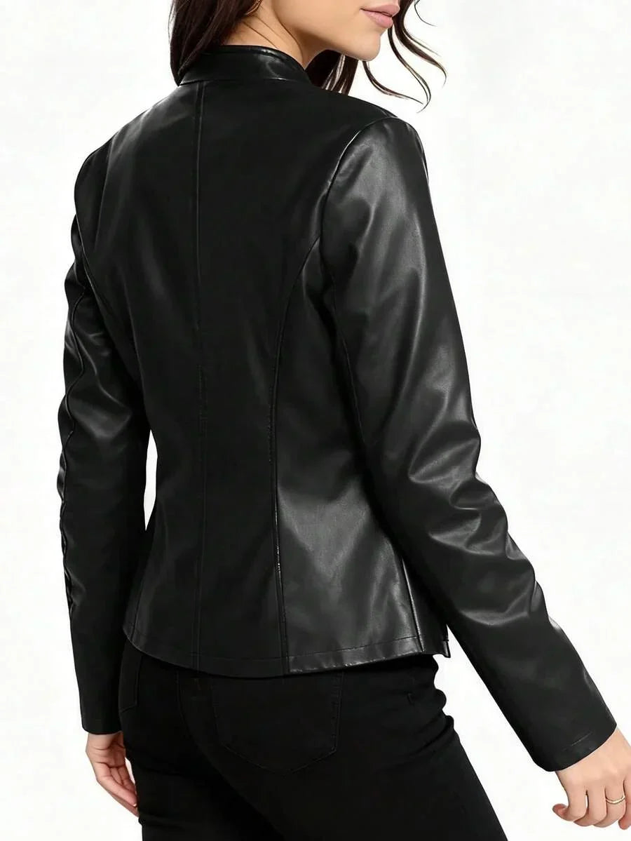 Ingrid | Faux Leather Biker Jacket Black Stand Collar
