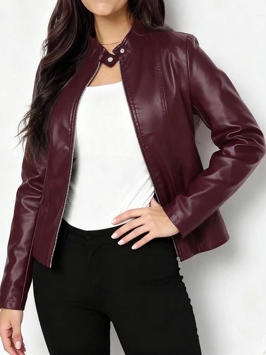 Ingrid | Faux Leather Biker Jacket Black Stand Collar — Burgundy