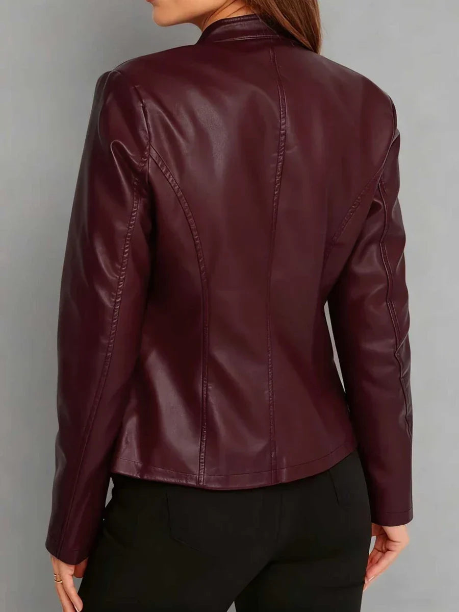 Ingrid | Faux Leather Biker Jacket Black Stand Collar