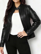 Ingrid | Faux Leather Biker Jacket Black Stand Collar — Black