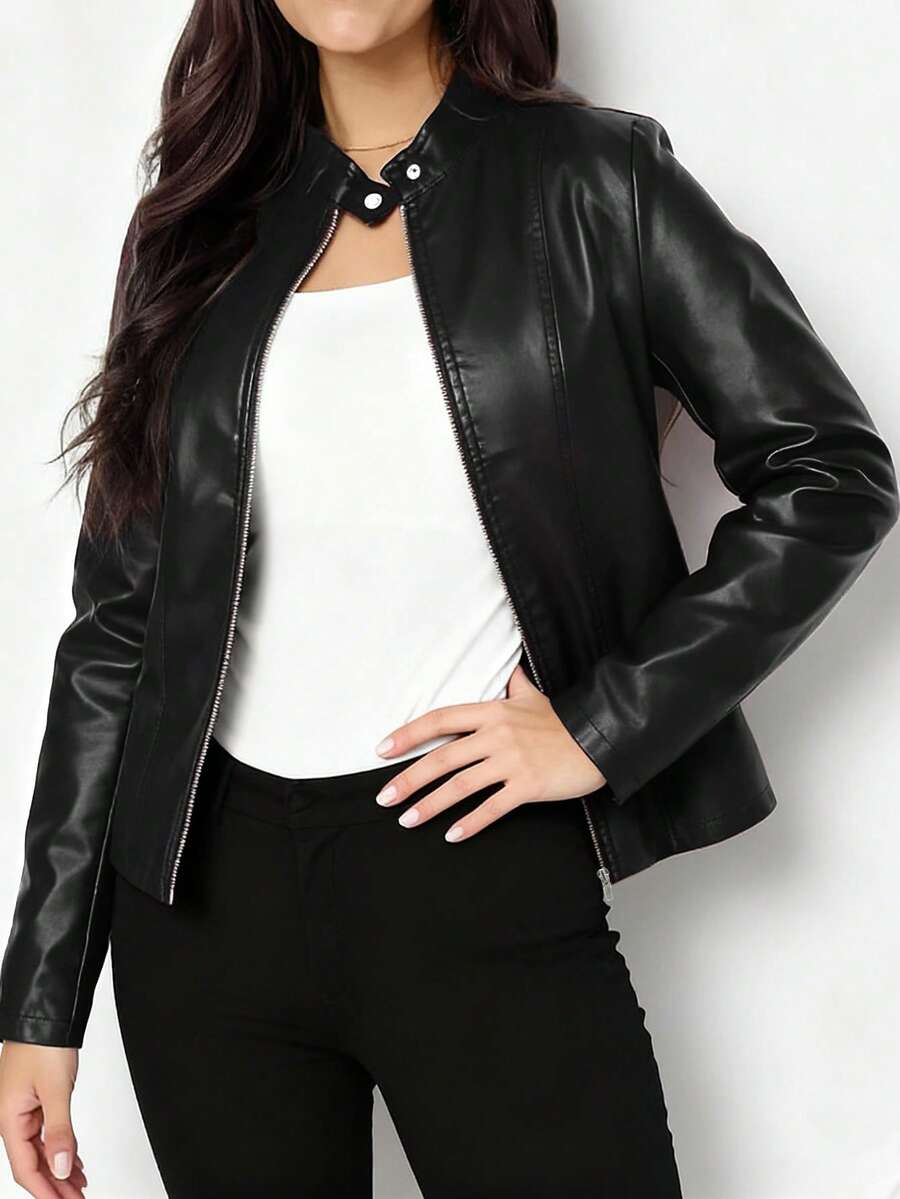 Ingrid | Faux Leather Biker Jacket Black Stand Collar — Black