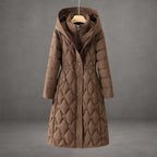 Bridget | Long Black Quilted Down Puffer Coat Longline Hood — Brown