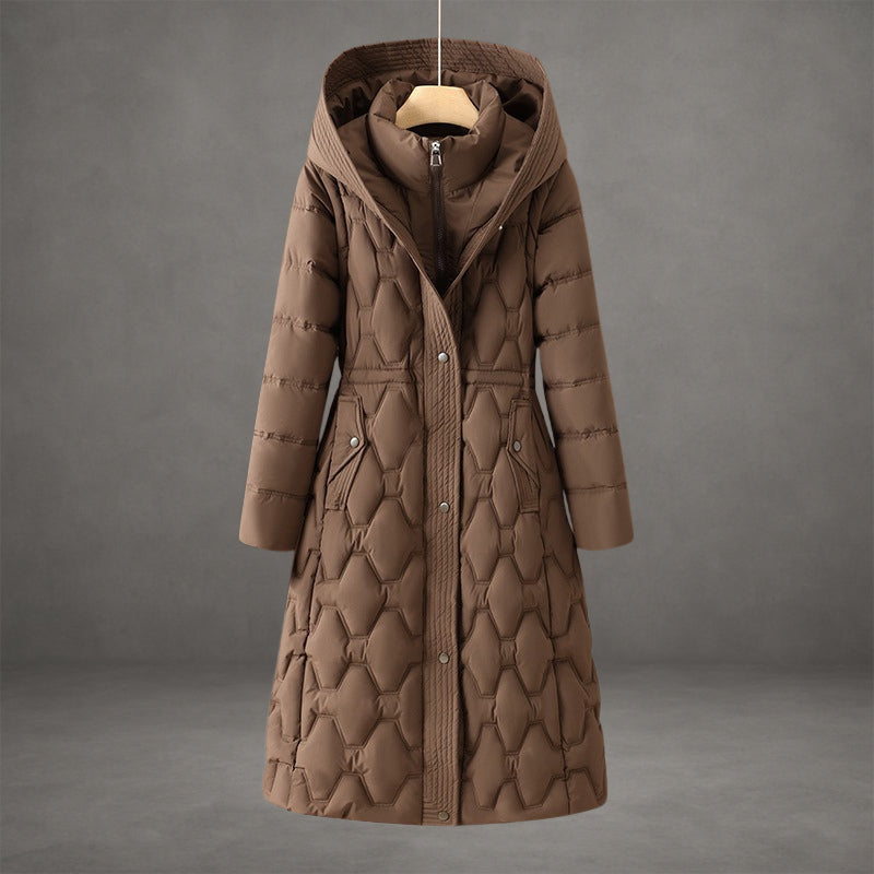 Bridget | Long Black Quilted Down Puffer Coat Longline Hood — Brown