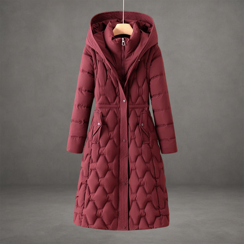 Bridget | Long Black Quilted Down Puffer Coat Longline Hood — Red