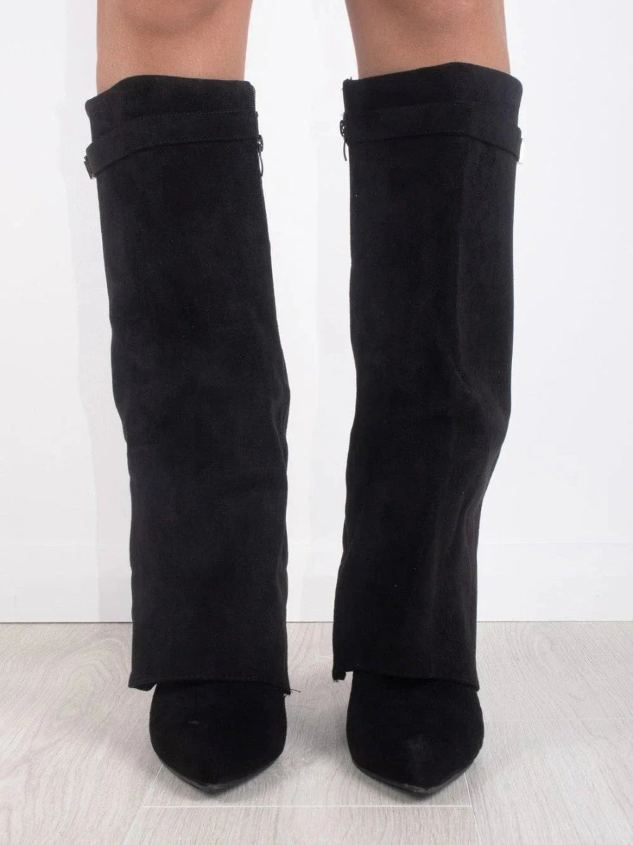 Isolde | Black Suede Knee High Heeled Ankle Boots