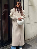 Valentina | Longline Double Breasted Black Puffer Long Coat — Beige