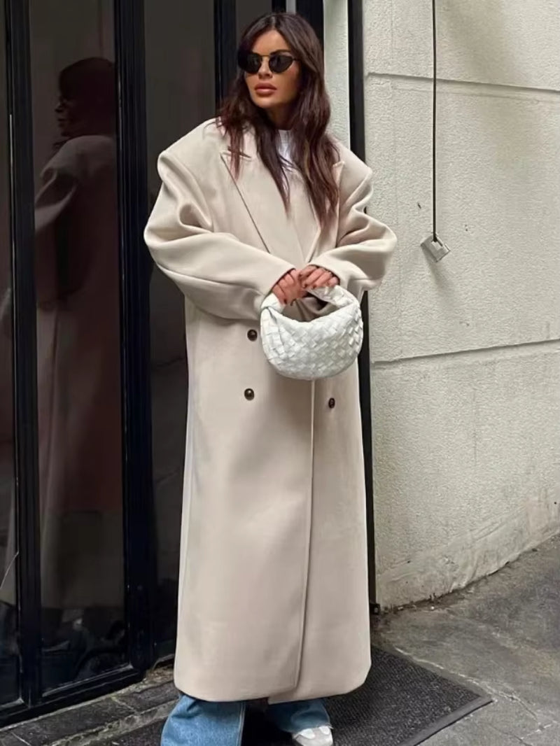 Valentina | Longline Double Breasted Black Puffer Long Coat — Beige