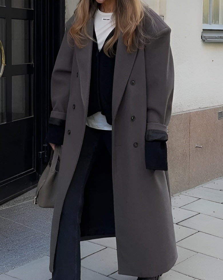 Valentina | Longline Double Breasted Black Puffer Long Coat — Gray