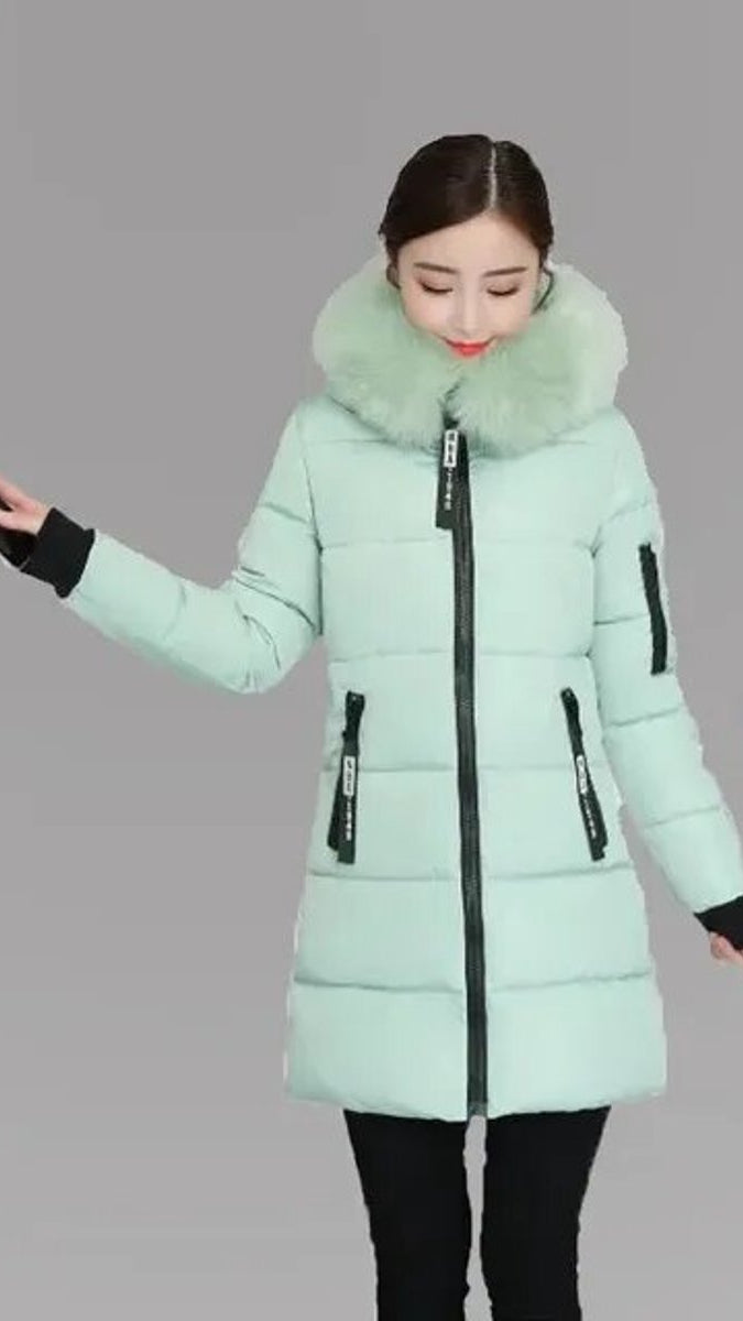 Romilly | Long Winter Parka Coat Fur Hood Quilted Puffer — Erbsengrün