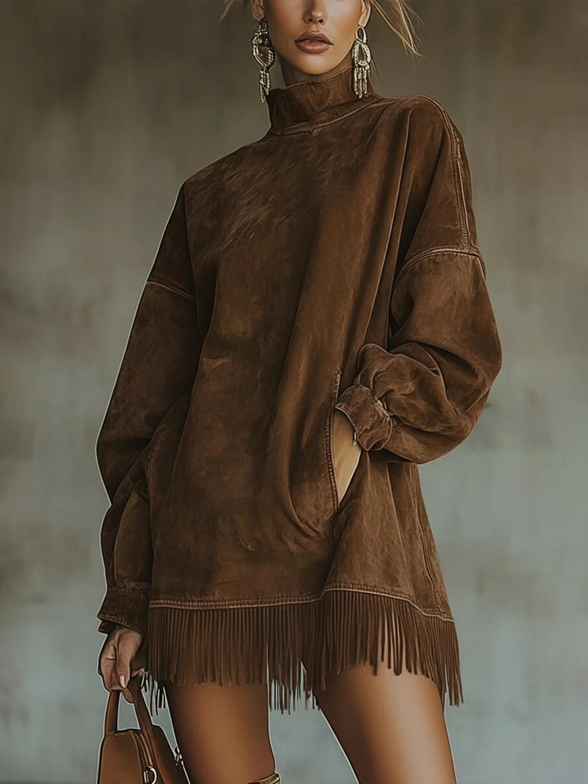 Adeline | Mini Sweater Dress Long Sleeve Knit Midi Mock Neck — Brown