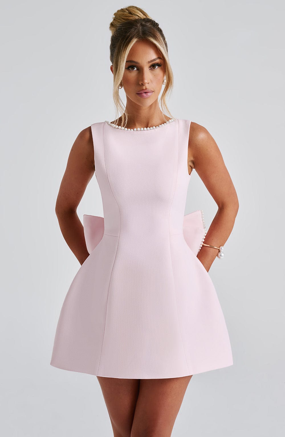 Nadia | Pearl Neck A-Line Mini Wedding Guest Dress