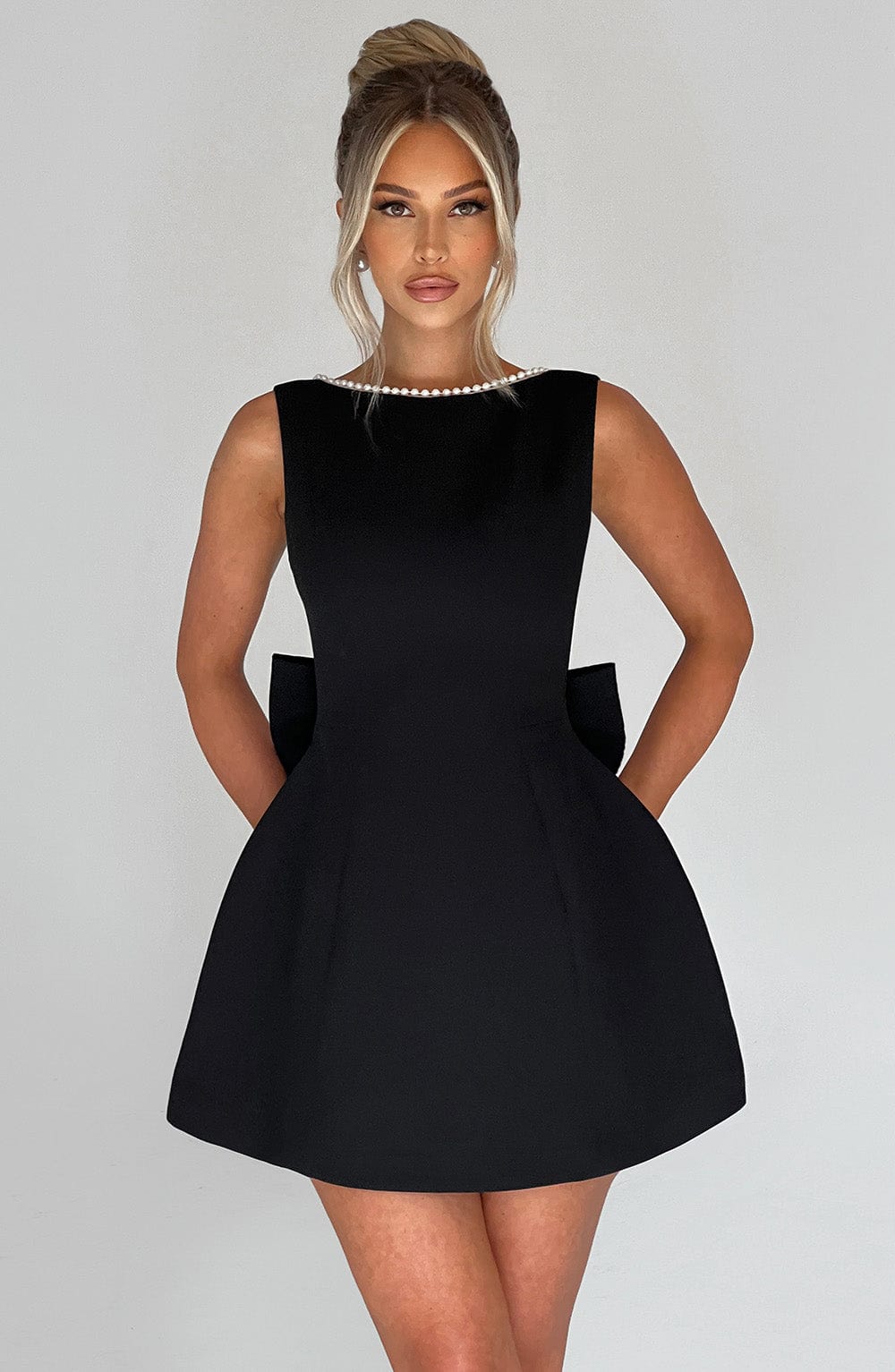 Nadia | Pearl Neck A-Line Mini Wedding Guest Dress