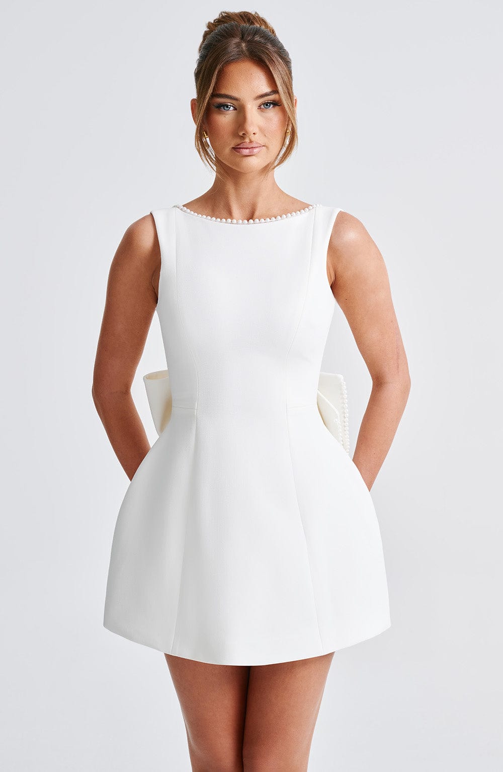 Nadia | Pearl Neck A-Line Mini Wedding Guest Dress