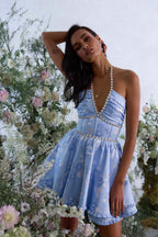 Constance | Floral Halter Neck Mini Wedding Guest Dress Pink