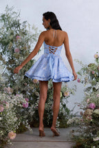 Constance | Floral Halter Neck Mini Wedding Guest Dress Pink
