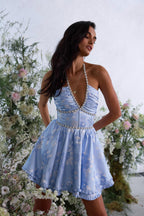 Constance | Floral Halter Neck Mini Wedding Guest Dress Pink