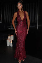 Clemence | Sequin Halter Open Back Evening Maxi Dress