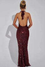 Clemence | Sequin Halter Open Back Evening Maxi Dress