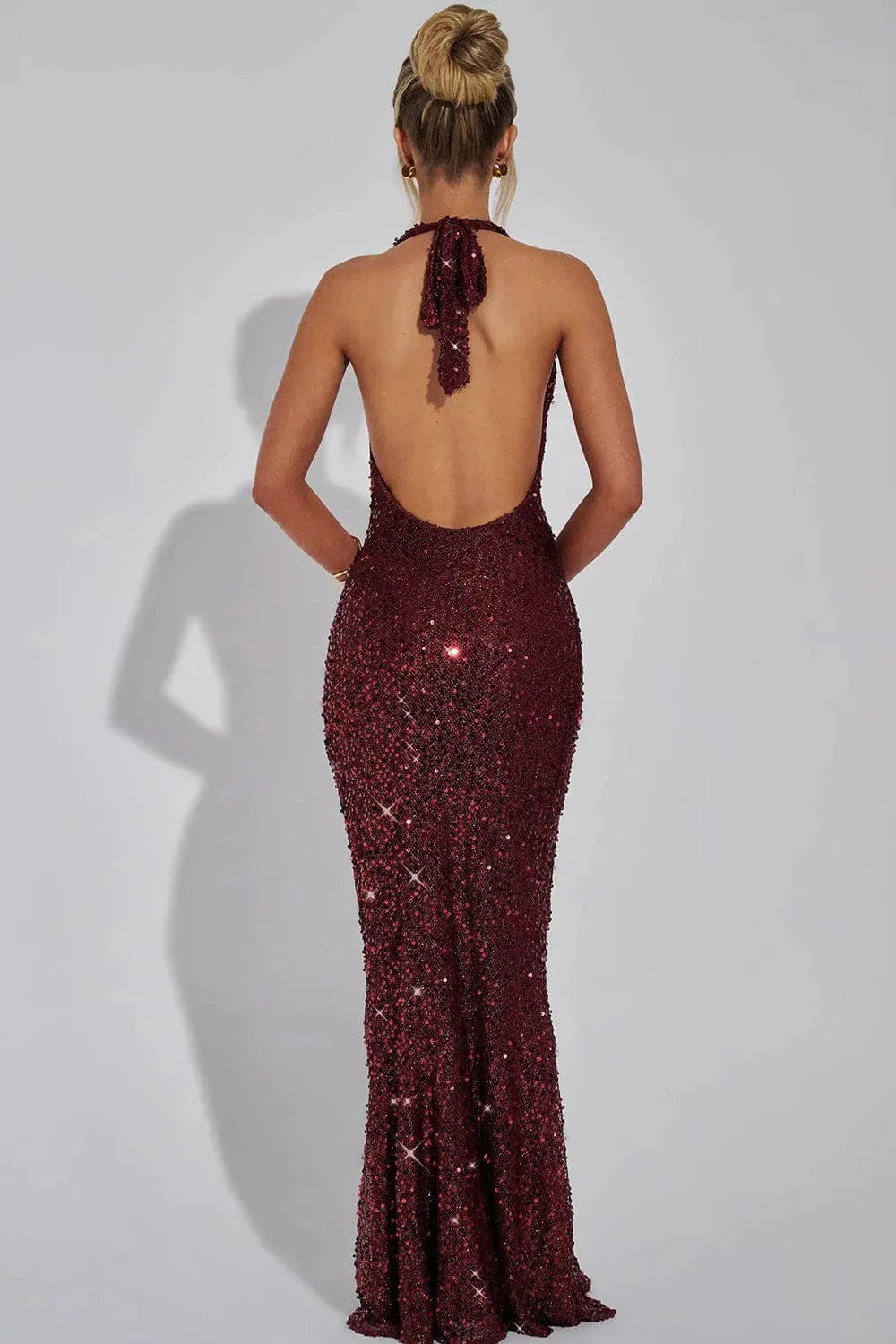 Clemence | Sequin Halter Open Back Evening Maxi Dress