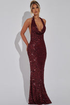 Clemence | Sequin Halter Open Back Evening Maxi Dress