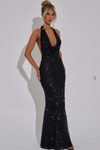 Clemence | Sequin Halter Open Back Evening Maxi Dress