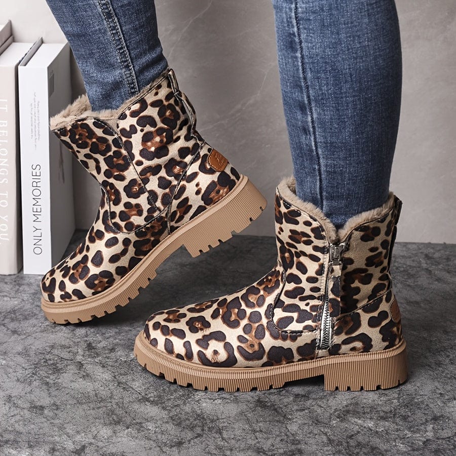 Dominique | Black Leather Heeled Ankle Boots Winter — Leopard Print
