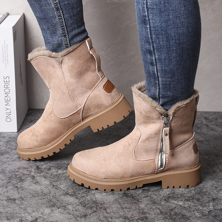 Dominique | Black Leather Heeled Ankle Boots Winter — Beige