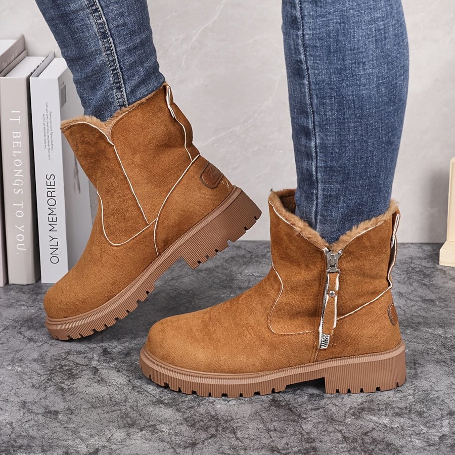 Dominique | Black Leather Heeled Ankle Boots Winter — Light Brown